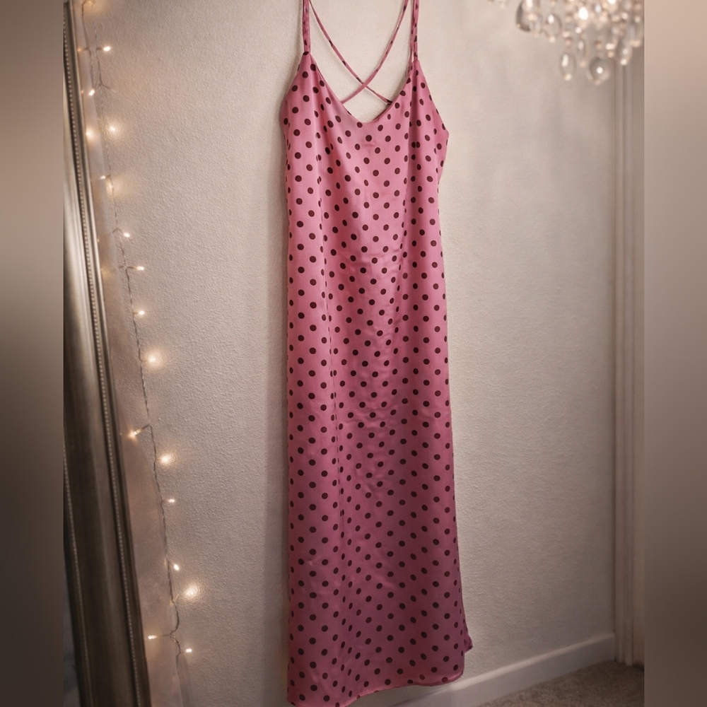 MNG Mango Pink Polka Dot Satin Slip Dress Strappy Midi Y2K Size M